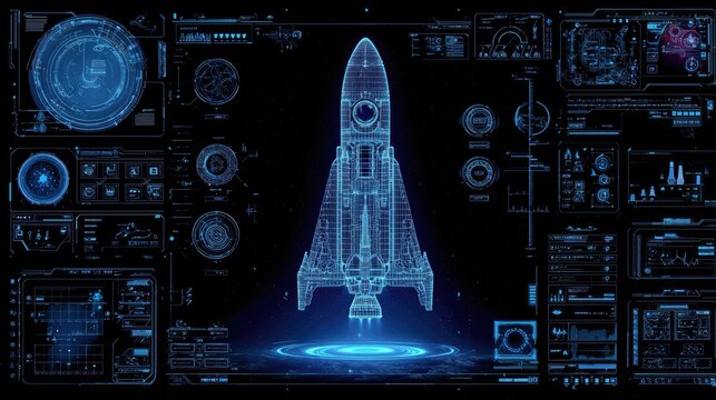 Futuristic Rocket Blueprint with Digital Interface and Space Exploration Elements in High-Tech Style