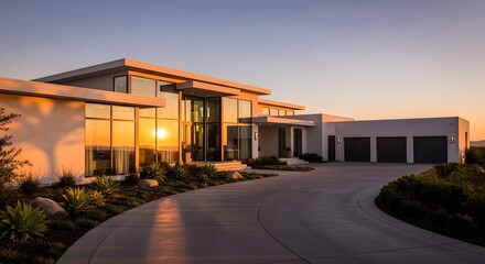 contemporary luxury house with clean lines and large glass windows on hillside at sunset with bright orange light reflecting on driveway
