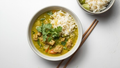 Aerial perspective of chicken green curry with rice and ingredients on a white backdrop