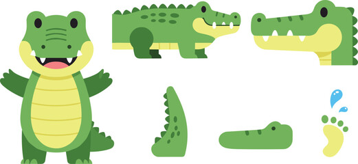Cute Crocodile Character Vector Illustration Set with Happy Green Alligator Standing Profile View and Reptile Footprint Icons for Kids Design