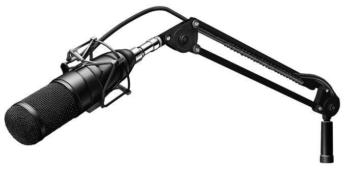 Professional condenser microphone on adjustable boom arm stand, isolated on white, png