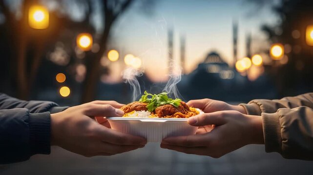Helping hand passing warm meal to person during Ramadan celebration outdoors at dusk for charity and compassion
