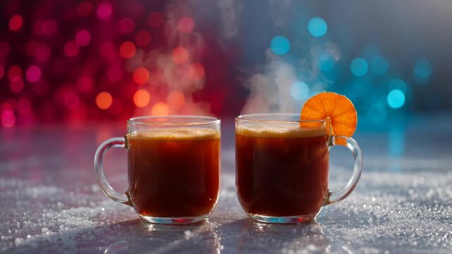 Static shot of two steaming mugs of mulled wine celebrating winter holidays