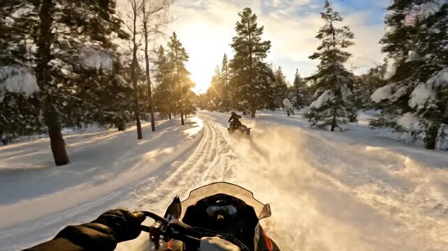 A snowy landscape with a snowmobile's handlebars in the foreground and another snowmobile driving on a snowy trail through evergreen trees towards a bright sunset
