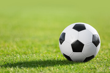 Fototapeta premium Soccer ball on green grass, closeup