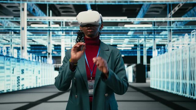 Optimizing gear rigs, VR glasses and female engineer in data center. Pinch zoom hand gesturing, virtual reality and African american woman in server room upgrading hardware mainframes, camera A