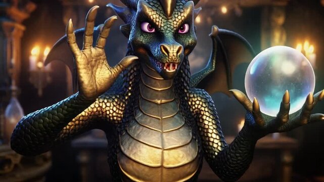A mystical dragon holds a glowing crystal ball in a dimly lit, candle-lit room with ornate furnishings