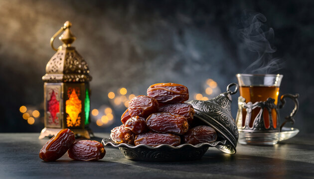 Traditional Ramadan Iftar setting with dates tea and an ornate lantern.