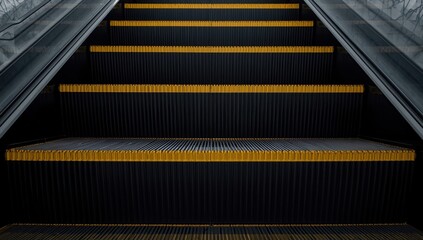 A detailed view of escalator steps in black, marked with yellow safety lines on the edges