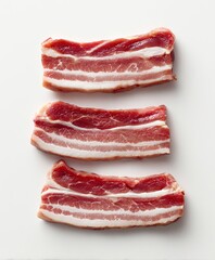 Three raw strips of cured pork belly with layers of fat and meat