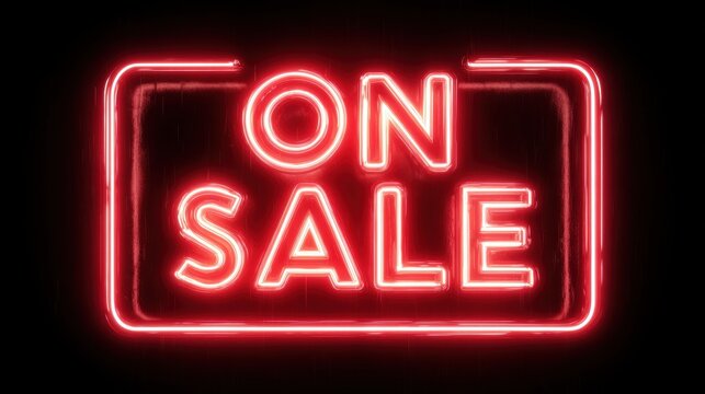 A vibrant red neon sign with the words ON SALE illuminated against a dark background, creating a striking contrast.