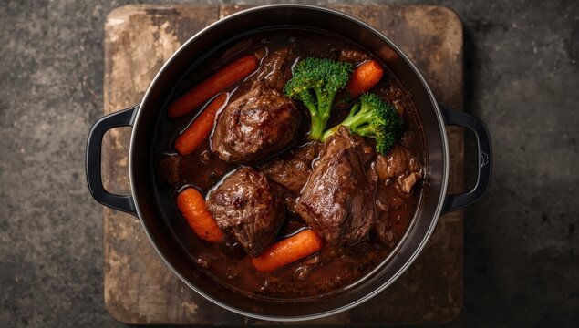 Classic German beef cheeks braised in red wine sauce with carrots and broccoli, showcased from above in a contemporary pot on a rustic board