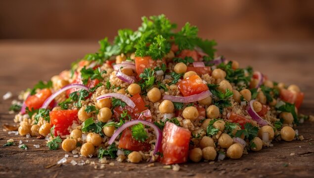 Tabbouleh: a healthy vegetarian salad made with fresh parsley, onions, tomatoes, bulgur, and chickpeas