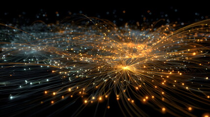 Fototapeta premium Abstract 3D rendering of glowing neural network or fiber optic cables. High-tech connectivity and big data visualization concept.