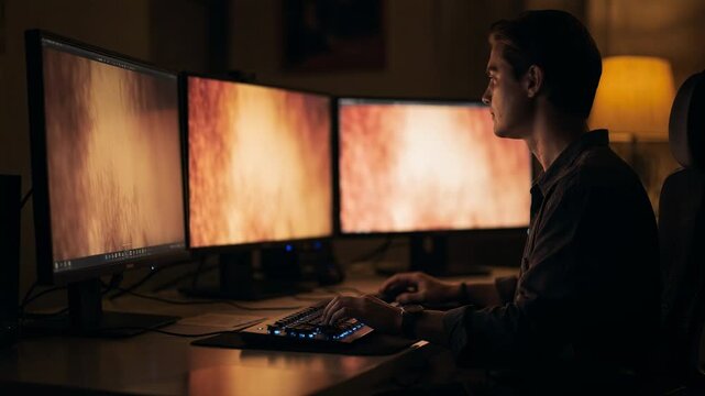 Profile view of a colorist enhancing warm romantic tones capturing the screens golden highlights and gentle shadows in a cozy softly illuminated editing bay.