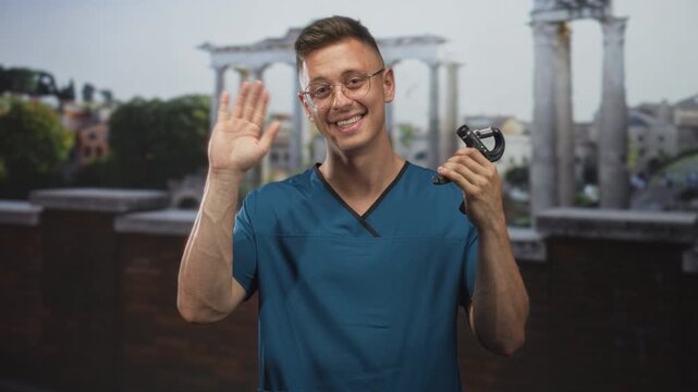 Man physiotherapist in blue scrubs smiling and waving right hand while holding a handgrip dynamometer in a studio; friendly rehab support.