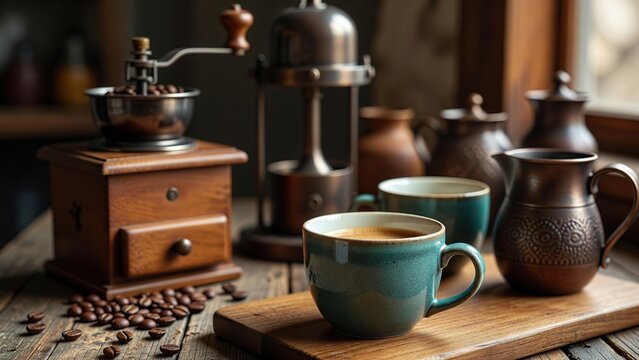 Vintage manual coffee grinder with roasted beans and steaming cups on a rustic wooden table warm morning light