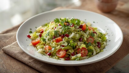 Close-up of a horizontal plate with a Middle Eastern shirazi salad featuring fresh vegetables and herbs