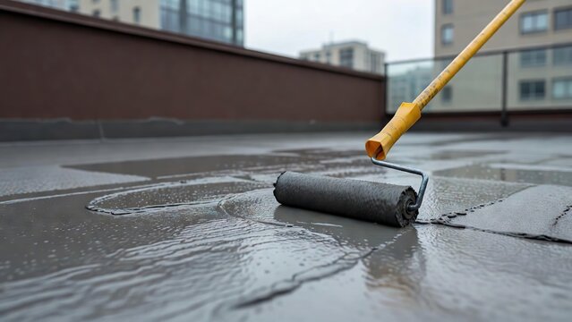 Applying waterproofing sealant to a flat rooftop with a roller tool creating a protective layer for building exterior