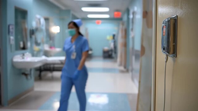 Medium shot highlighting an emergency pull cord within an accessible patient restroom with blurred medical exam rooms visible beyond the door.