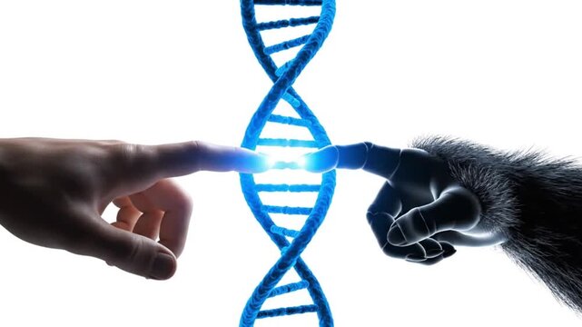 Human and monkey fingers touching a blue dna double helix isolated on white background