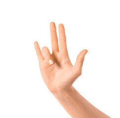 Fototapeta premium Female hand showing four fingers on white background