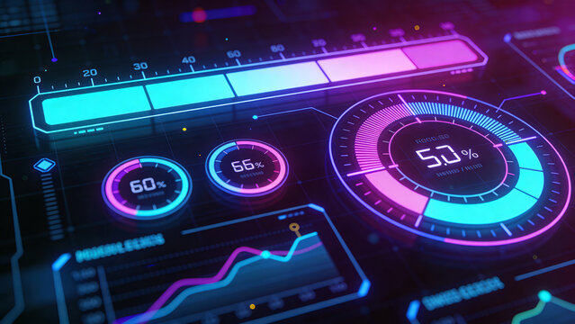 Futuristic HUD data dashboard with neon charts. Digital infographic interface with glowing UI elements. Cyberpunk analytics screen.