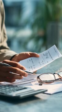 A focused individual examines receipts and paperwork, emphasizing financial planning and expense management. The scene highlights modern business practices and personal finance organization