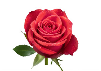 Fototapeta premium A beautiful red rose with delicate petals and green leaves. isolated on transparent background, png