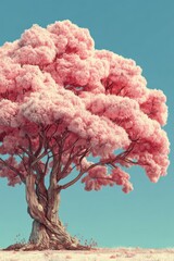 Obraz premium Spring season, garden, flower, fresh, life. A surrealistic digital artwork of a tree with vibrant pink blossoms against a clear blue sky. The tree stands tall and majestic.