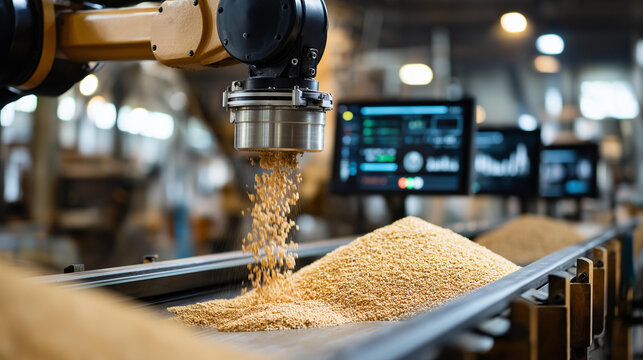 Closeup of robotic arm in modern sand factory carefully sorting grains from large pile on conveyor belt, with defocused digital screens showing real-time data in background, with
