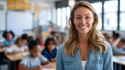Obraz premium Faceless smiling elementary school teacher standing in front of an engaged classroom of students, bright learning environment, defocused background, child development concept,