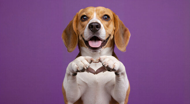Cachorro beagle fazendo gesto de cora&ccedil;&atilde;o com as patas em fundo roxo