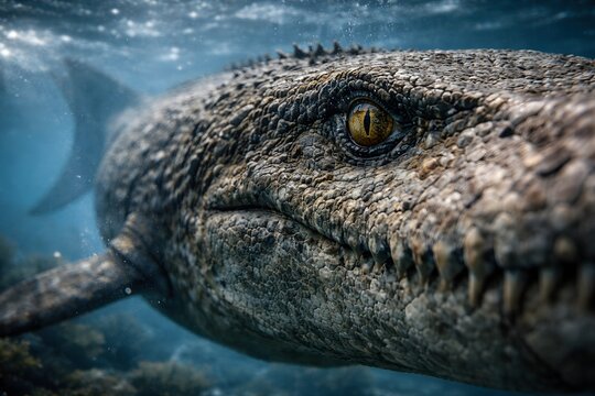 A Mosasaurus swims underwater, showcasing its reptilian features, including a sharp eye and teeth. It is a prehistoric sea creature, ancient reptile that once ruled the oceans