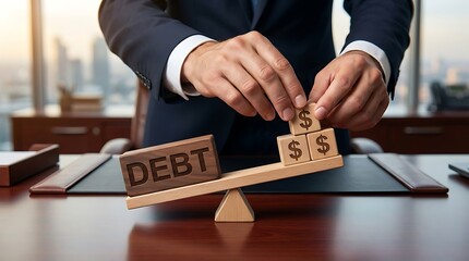 Businessman balancing debt and money on wooden scale