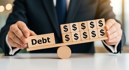 Businessman balancing debt and money on a seesaw