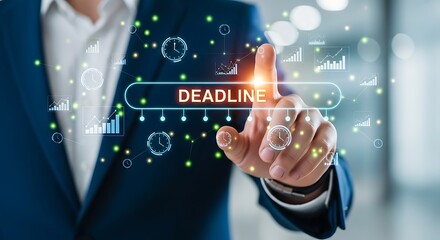 Businessman interacting with deadline button and data visualization icons