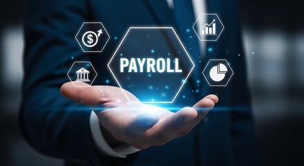Businessman presenting payroll concept with financial icons in hand