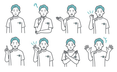 ケーシー白衣の男性看護師・医療従事者の表情・ポーズイラストセット（上半身・8種類）