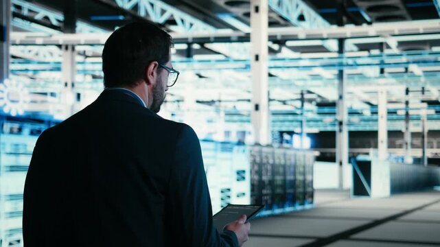 Writing code, tablet closeup and engineer in data center compiling software patches to fix bugs. Running programming script, device application and IT professional in server farm, camera A