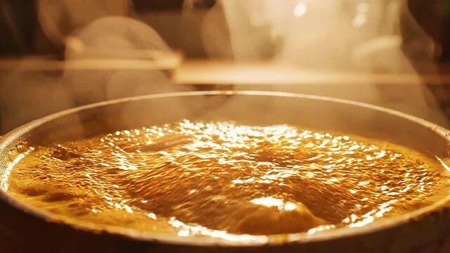 Close Up of Turmeric Decoction Boiling in Metal Pot for Traditional Herbal Drink