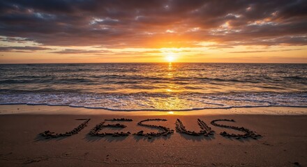 Coastal Serenity: Sunset over the Sea with a Spiritual Word. Witness the serenity of a coastal scene as the sun dips below the horizon, casting a warm glow over the ocean.