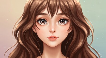 Fototapeta premium Radiant Portrait of a Young Woman: An alluring digital illustration of a young woman with a captivating gaze, cascading brown hair, and soft, delicate features. A tribute to modern artistry.