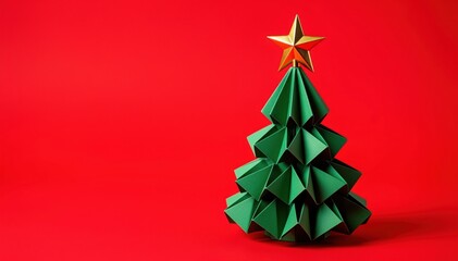 Paper Christmas Tree: A festive, hand-crafted paper Christmas tree with a golden star, set against a bright red backdrop, evoking the spirit of the holiday season.