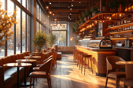 A modern coffee shop interior. A cozy space with warm lighting from pendant lamps and decorated in warm tones with wooden elements, panoramic windows.