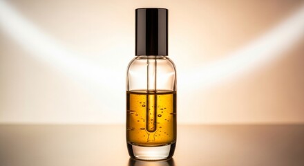 Luxury beauty product bottle with golden serum on dark surface under spotlight