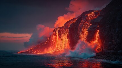 Fototapeta premium A dramatic scene of molten lava flowing into the ocean at sunset, with fiery orange and red hues contrasting against the dark, cloudy sky. The water reflects the fiery lava.