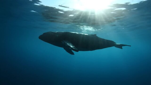 Majestic whale swimming in deep blue ocean, sun rays shining through water surface