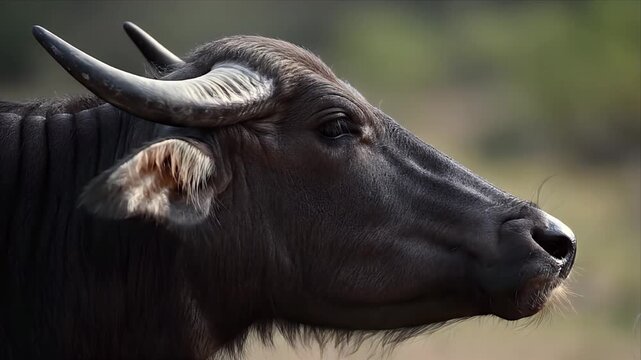 Profile portrait of a large dark-haired water buffalo with impressive horns in a sunny natural outdoor environment