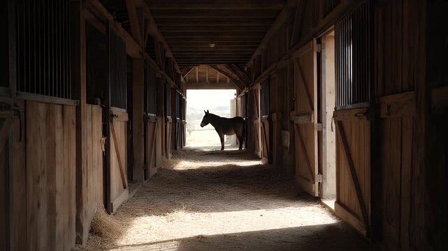 Rustic Wooden Stable Interior with a Solitary Horse Silhouetted Against Natural Sunlight